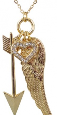 Trendy Gold Plated Crystal Heart, Angel Wing and Cupid Arrow Multi Charm Necklace on Long 30 Chain Trendy Gold Plated Crystal Heart, Angel Wing and Cupid Arrow Multi Charm Necklace on Long 30 Chain