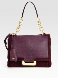 A luxurious blend of soft suede and chic lizard embossed leather accented with radiant hardware.Chain and lizard embossed leather top handle, 9½ dropDetachable adjustable shoulder strap, 11¾-19 dropMagnetic snap flap closureOne outside zip pocketOne open pocket under flapOne inside zip pocketTwo inside open pocketsOne pen holderFully lined12½W X 9¾H X 5DImported A luxurious blend of soft suede and chic lizard embossed leather accented with radiant hardware.Chain and lizard embossed leather top handle, 9½ dropDetachable adjustable shoulder strap, 11¾-19 dropMagnetic snap flap closureOne outside zip pocketOne open pocket under flapOne inside zip pocketTwo inside open pocketsOne pen holderFully lined12½W X 9¾H X 5DImported