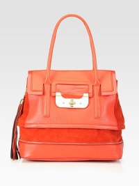 A boldly colored design with beautifully contrasting textures in pebbled leather and supple suede, perfect for all your daily essentials.Double shoulder straps, 7½ dropTurn-lock flap closureDetachable tassel accentOutside zip detailOne outside open pocketProtective metal feetThree inner compartmentsOne inside zip pocketTwo inside open pocketsOne pen pocketFully lined14½W X 13H X 6¾DImported A boldly colored design with beautifully contrasting textures in pebbled leather and supple suede, perfect for all your daily essentials.Double shoulder straps, 7½ dropTurn-lock flap closureDetachable tassel accentOutside zip detailOne outside open pocketProtective metal feetThree inner compartmentsOne inside zip pocketTwo inside open pocketsOne pen pocketFully lined14½W X 13H X 6¾DImported