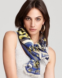 With a beautiful abstract flower print in blues and greens, this Emilio Pucci scarf looks flawless with a denim shirt or pair of skinnies. With a beautiful abstract flower print in blues and greens, this Emilio Pucci scarf looks flawless with a denim shirt or pair of skinnies.
