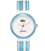 Flash those baby blues with this men's and women's creation from Lacoste. Goa watch crafted of blue and white stripe silicone strap and round plastic case. White dial features iconic crocodile logo at twelve o'clock, printed text logo at six o'clock and three hands. Quartz movement. Water resistant to 30 meters. Two-year limited warranty.