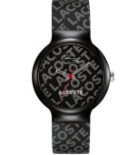 Repeat your regard for Lacoste. This unisex Goa watch is crafted of black silicone strap with light gray repeating text logo and round black plastic case. Black dial features light gray repeating text logo, cut-out hour and minute hand, red second hand, white iconic crocodile logo at twelve o'clock and white text logo at six o'clock. Quartz movement. Water resistant to 30 meters. Two-year limited warranty.