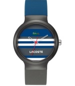 Cultivate your Ivy League look with Lacoste. Unisex Goa watch crafted of gray and navy silicone strap and round gray plastic case. Multi-color stripe dial features iconic crocodile logo at twelve o'clock, white text logo at six o'clock, white cut-out hour and minute hand and red second hand. Quartz movement. Water resistant to 30 meters. Two-year limited warranty.