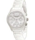 Pure style by Emporio Armani. This fresh watch features a white ceramic strap and round case. White chronograph dial with silvertone Roman numerals, logo, date window and three subdials. Analog movement. Water resistant to 30 meters. Two-year limited warranty.