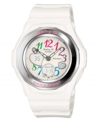 Fresh white and a sweet center design make every hour a little more heartfelt. White resin strap and round case. White round dial with heart design and two subdials, LED backlight, world time, five alarms, stopwatch, calendar, logo and numeral indices. Shock resistant. Quartz movement. Water resistant to 100 meters. One-year limited warranty. Fresh white and a sweet center design make every hour a little more heartfelt. White resin strap and round case. White round dial with heart design and two subdials, LED backlight, world time, five alarms, stopwatch, calendar, logo and numeral indices. Shock resistant. Quartz movement. Water resistant to 100 meters. One-year limited warranty.