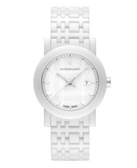 This Burberry timepiece features a white ceramic check-inspired bracelet and round case. White dial features check pattern, applied silver tone stick indices, minute track, date window at three o'clock, three hands and logo. Swiss quartz movement. Water resistant to 50 meters. Two-year limited warranty. This Burberry timepiece features a white ceramic check-inspired bracelet and round case. White dial features check pattern, applied silver tone stick indices, minute track, date window at three o'clock, three hands and logo. Swiss quartz movement. Water resistant to 50 meters. Two-year limited warranty.