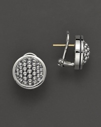 Silver framed signature cavier bead, circle stud earring. Post with clip back for pierced ears. Designed by Lagos. Silver framed signature cavier bead, circle stud earring. Post with clip back for pierced ears. Designed by Lagos.
