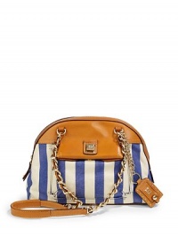 THE LOOKCalf leather-and-chain shoulder strapsLeather collarStriped canvas bodyTop zip closureLogo ID tagOne outside snap pocketDecorative logo turnlockProtective metal feetOne inside zip pocketTwo inside open pocketsInside logo detailTHE MEASUREMENTShoulder straps, 14 drop11½W X 7¾H X 4DTHE MATERIALCanvasCalf leather trimORIGINImported THE LOOKCalf leather-and-chain shoulder strapsLeather collarStriped canvas bodyTop zip closureLogo ID tagOne outside snap pocketDecorative logo turnlockProtective metal feetOne inside zip pocketTwo inside open pocketsInside logo detailTHE MEASUREMENTShoulder straps, 14 drop11½W X 7¾H X 4DTHE MATERIALCanvasCalf leather trimORIGINImported