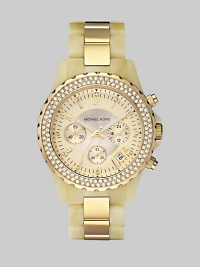 Acetate with the rich look of horn contrasts with the sparkle of Swarovski crystals in this distinctive chronograph.Quartz movement Water-resistant to 5ATM Crystal bezel Round acetate and goldtone-finish stainless steel case, 42mm (1.65) Champagne dial with Arabic numerals and crystal hour markers Three chronograph sub dials Date display at 4 o'clock Second handAcetate and goldtone-finished stainless steel link bracelet Imported Acetate with the rich look of horn contrasts with the sparkle of Swarovski crystals in this distinctive chronograph.Quartz movement Water-resistant to 5ATM Crystal bezel Round acetate and goldtone-finish stainless steel case, 42mm (1.65) Champagne dial with Arabic numerals and crystal hour markers Three chronograph sub dials Date display at 4 o'clock Second handAcetate and goldtone-finished stainless steel link bracelet Imported