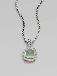 From the Petite Albion Collection. An exquisite design with dazzling pavé diamonds surrounding an aqua chalcedony stone center set in sterling silver on a box link chain. Aqua chalcedonyDiamonds, .2 tcwSterling silverLength, about 17Pendant size, about ¼Lobster clasp closureImported From the Petite Albion Collection. An exquisite design with dazzling pavé diamonds surrounding an aqua chalcedony stone center set in sterling silver on a box link chain. Aqua chalcedonyDiamonds, .2 tcwSterling silverLength, about 17Pendant size, about ¼Lobster clasp closureImported