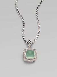 From the Petite Albion Collection. An exquisite design with dazzling pavé diamonds surrounding an aqua chalcedony stone center set in sterling silver on a box link chain. Aqua chalcedonyDiamonds, .2 tcwSterling silverLength, about 17Pendant size, about ¼Lobster clasp closureImported 