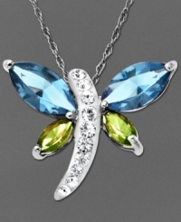 The flutter effect. The dazzling blue and green crystal wings, and a crystal-coated body comprise Kaleidoscope's sweet dragonfly pendant. Set in sterling silver with Swarovski Elements. Approximate length: 18 inches. Approximate drop: 3/4 inch. The flutter effect. The dazzling blue and green crystal wings, and a crystal-coated body comprise Kaleidoscope's sweet dragonfly pendant. Set in sterling silver with Swarovski Elements. Approximate length: 18 inches. Approximate drop: 3/4 inch.