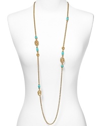 Exotic-inspired jewelry is a chic way to update your wardrobe this season, and T Tahari's beaded necklace is a bold choice. It's turquoise beads and gold-tone stations add a colorful flourish to every neckline. Exotic-inspired jewelry is a chic way to update your wardrobe this season, and T Tahari's beaded necklace is a bold choice. It's turquoise beads and gold-tone stations add a colorful flourish to every neckline.