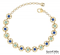 Lucia Costin 24K Yellow Gold Plated over .925 Sterling Silver Flower Bracelet with Mint Blue and Blue Swarovski Crystal Accents, Etched with 4 Petal Flowers and Dots Lucia Costin 24K Yellow Gold Plated over .925 Sterling Silver Flower Bracelet with Mint Blue and Blue Swarovski Crystal Accents, Etched with 4 Petal Flowers and Dots