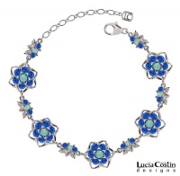 Lucia Costin Flower Bracelet with Center Flowers, Mint Blue and Blue Swarovski Crystals, Set with Twisted Lines and Leaves; .925 Sterling Silver; Handmade in USA