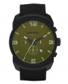 Rough up your reputation with this rugged watch by Diesel. Black canvas strap and round black ion-plated stainless steel case, 57x47mm. Green chronograph dial features numerals at twelve, three, six and nine o'clock, stick indices, date window, three subdials, luminous hands and logo. Quartz movement. Water resistant to 50 meters. Two-year limited warranty.