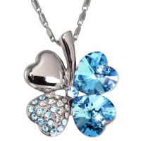 18k Gold Plated Swarovski Crystal Heart Shaped Four Leaf Clover Pendant Necklace - Aquamarine Blue 18k Gold Plated Swarovski Crystal Heart Shaped Four Leaf Clover Pendant Necklace - Aquamarine Blue