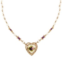 A cameo appearance. Amethyst-colored resin beads, costume pearls, and a pretty, heart-shaped floral charm accent 2028's unique vintage pendant. Set in rose gold tone mixed metal. Approximate length: 15 inches + 3-inch extender. Approximate drop: 1-1/4 inches. A cameo appearance. Amethyst-colored resin beads, costume pearls, and a pretty, heart-shaped floral charm accent 2028's unique vintage pendant. Set in rose gold tone mixed metal. Approximate length: 15 inches + 3-inch extender. Approximate drop: 1-1/4 inches.