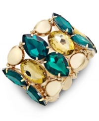 Beautiful drops of color create a lovely bracelet from Bar III. Teardrop-cut acrylic stones in rich hues are paired with golden metal beads for a match made in heaven. Stretches to fit wrist. Crafted from antiqued gold tone mixed metal. Approximate diameter: 2-1/2 inches. Beautiful drops of color create a lovely bracelet from Bar III. Teardrop-cut acrylic stones in rich hues are paired with golden metal beads for a match made in heaven. Stretches to fit wrist. Crafted from antiqued gold tone mixed metal. Approximate diameter: 2-1/2 inches.