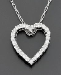 The way to her heart… a diamond necklace with heart pendant. Give her a sentimental gift gleaming with round-cut diamonds (1/10 ct. t.w.) set in 14k white gold. Chain measures 18 inches; pendant drop measures 1/2 inch. The way to her heart… a diamond necklace with heart pendant. Give her a sentimental gift gleaming with round-cut diamonds (1/10 ct. t.w.) set in 14k white gold. Chain measures 18 inches; pendant drop measures 1/2 inch.