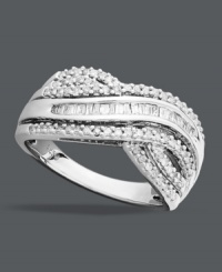 A stunning mix of sparkle and crisscross shape adorn this beautifully-crafted ring. Set in sterling silver, rows of round-cut and baguette-cut diamonds (1/2 ct. t.w.) add scintillating shine. Size 7. A stunning mix of sparkle and crisscross shape adorn this beautifully-crafted ring. Set in sterling silver, rows of round-cut and baguette-cut diamonds (1/2 ct. t.w.) add scintillating shine. Size 7.