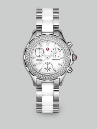 From the Tahitian Collection. Brilliant, faceted diamonds adorn the bezel of a Swiss-made, stainless steel and white ceramic design in a timeless expression of luxury and style. Swiss quartz chronograph movement Water-resistant to 5 ATM Diamond bezel; 0.47 tcw Stainless steel case; 35mm (1.38) K1 mineral crystal round face Three chronograph sub dials Date display at 6 o'clock Second hand Ceramic link bracelet; 18mm wide (0.71) Imported From the Tahitian Collection. Brilliant, faceted diamonds adorn the bezel of a Swiss-made, stainless steel and white ceramic design in a timeless expression of luxury and style. Swiss quartz chronograph movement Water-resistant to 5 ATM Diamond bezel; 0.47 tcw Stainless steel case; 35mm (1.38) K1 mineral crystal round face Three chronograph sub dials Date display at 6 o'clock Second hand Ceramic link bracelet; 18mm wide (0.71) Imported