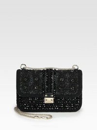 This supple leather style is encrusted with faceted stones, sparkling beads, floral embroidery and stitched trim.Detachable chain shoulder strap, 12-21 dropPush-lock flap closureOne inside zip pocketOne inside open pocketCotton lining8W X 5½H X 3DMade in Italy This supple leather style is encrusted with faceted stones, sparkling beads, floral embroidery and stitched trim.Detachable chain shoulder strap, 12-21 dropPush-lock flap closureOne inside zip pocketOne inside open pocketCotton lining8W X 5½H X 3DMade in Italy