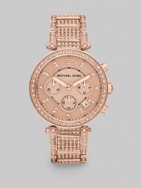 Glowing with the warmth of a rose goldtone finish, this full-featured chronograph has sparkle everywhere.Quartz movementWater resistant to 10 ATMRose goldtone stainless steel round case, 43mm diameter (1.7)Crystal-set bezelRose goldtone dialArabic 12 and crystal hour markersSecond handThree chronograph sub dialsDate window between 4:00 and 5:00Rose goldtone crystal-set link braceletImported Glowing with the warmth of a rose goldtone finish, this full-featured chronograph has sparkle everywhere.Quartz movementWater resistant to 10 ATMRose goldtone stainless steel round case, 43mm diameter (1.7)Crystal-set bezelRose goldtone dialArabic 12 and crystal hour markersSecond handThree chronograph sub dialsDate window between 4:00 and 5:00Rose goldtone crystal-set link braceletImported