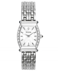 Time to shine. This beautiful Bulova watch features a stainless steel bracelet and rounded rectangular case. Diamond accents at bezel. White mother-of-pearl dial with logo and silvertone stick indices. Quartz movement. Three-year limited warranty. Time to shine. This beautiful Bulova watch features a stainless steel bracelet and rounded rectangular case. Diamond accents at bezel. White mother-of-pearl dial with logo and silvertone stick indices. Quartz movement. Three-year limited warranty.