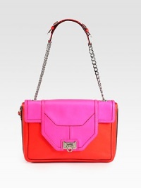 A lady-like flap-top design in dual-tone leather with a sleek chain strap. Chain and leather shoulder strap, 11 dropTurn-lock flap closureOne inside zip pocketThree inside open pocketsCotton lining12¼W X 8H X 3¼DImported A lady-like flap-top design in dual-tone leather with a sleek chain strap. Chain and leather shoulder strap, 11 dropTurn-lock flap closureOne inside zip pocketThree inside open pocketsCotton lining12¼W X 8H X 3¼DImported
