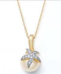 Beauty of the deep. A cultured freshwater pearl (9mm) is enveloped in a precious diamond-accented starfish for a truly gorgeous accent to any ensemble. Pendant is set in 14k gold. Approximate length: 18 inches. Approximate drop: 1/2 inch. Beauty of the deep. A cultured freshwater pearl (9mm) is enveloped in a precious diamond-accented starfish for a truly gorgeous accent to any ensemble. Pendant is set in 14k gold. Approximate length: 18 inches. Approximate drop: 1/2 inch.