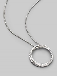 From the Silver Ice Crossover Collection. Two intertwining rings, one of sterling silver cable, the other of white gold set with pavé diamonds, hanging elegantly from a sterling silver box chain. Diamonds, 0.39 tcw Chain length, about 16 Pendant diameter, about 1 Lobster clasp Made in USA From the Silver Ice Crossover Collection. Two intertwining rings, one of sterling silver cable, the other of white gold set with pavé diamonds, hanging elegantly from a sterling silver box chain. Diamonds, 0.39 tcw Chain length, about 16 Pendant diameter, about 1 Lobster clasp Made in USA