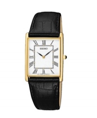 A classic dress watch from Seiko. The gold-tone case, 32mm, frames the white dial with Roman numerals. Hardlex crystal. Black leather strap with buckle. Snap case-back. 5 year battery life. A classic dress watch from Seiko. The gold-tone case, 32mm, frames the white dial with Roman numerals. Hardlex crystal. Black leather strap with buckle. Snap case-back. 5 year battery life.
