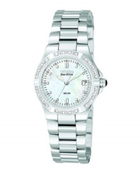 Show off your penchant for modern-day elegance with this stylish Riva design from Citizen's Eco-Drive collection. Stainless steel bracelet and round case. Bezel embellished with diamond accents. Mother-of-pearl dial features silvertone dot markers, date window at three o'clock, luminous hands and logo. Quartz movement. Water resistant to 100 meters. Five-year limited warranty. Show off your penchant for modern-day elegance with this stylish Riva design from Citizen's Eco-Drive collection. Stainless steel bracelet and round case. Bezel embellished with diamond accents. Mother-of-pearl dial features silvertone dot markers, date window at three o'clock, luminous hands and logo. Quartz movement. Water resistant to 100 meters. Five-year limited warranty.
