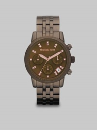 This sleek, modern style with Swarovski crystal markers is truly a dark delight. Quartz movementWater resistant to 10 ATMRound espresso ion-plated stainless steel case, 36mm (1.4) Textured bezelEspresso chronograph dialCrystal hour markersDate display between 4 and 5 o'clockSecond hand Espresso ion-plated stainless steel link braceletImported This sleek, modern style with Swarovski crystal markers is truly a dark delight. Quartz movementWater resistant to 10 ATMRound espresso ion-plated stainless steel case, 36mm (1.4) Textured bezelEspresso chronograph dialCrystal hour markersDate display between 4 and 5 o'clockSecond hand Espresso ion-plated stainless steel link braceletImported