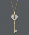 Unlock the key to her heart with this symbolic style. A heart-shaped key pendant with a cut-out keyhole shines with the addition of sparkling, round-cut diamonds (1/10 ct. t.w.). Setting and chain crafted in 18k gold over sterling silver. Approximate length: 18 inches. Approximate drop: 1-3/8 inches.