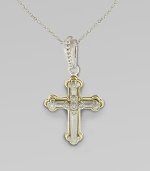 Five diamonds set in sterling silver, trimmed in 18k gold. Sterling silver and 18K gold Diamonds, 0.03 tcw Length, about 16 Pendant, about ½ Lobster claw clasp Imported 