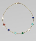 From the Polished Rock Candy Collection. Hexagonal discs in five richly colored semiprecious stones are framed in gold and spaced along a delicate gold chain.Mother-of-pearl, lapis, gold green agate, dyed red agate and turquoise18k yellow goldLength, about 18Lobster claspImported