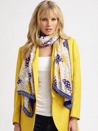 This pretty abstract printed style features a solid, beaded border. SilkAbout 40 X 70Dry cleanImported This pretty abstract printed style features a solid, beaded border. SilkAbout 40 X 70Dry cleanImported