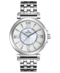 An enchanting addition of mother-of-pearl makes this Bulova watch a sight to behold. An enchanting addition of mother-of-pearl makes this Bulova watch a sight to behold.
