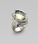 From the Astritis Collection. An intricately carved ring of sterling silver, with a softly hued, faceted prasiolite stone as its centerpiece.Prasiolite Sterling silver Length, about 1 Made in Greece