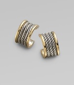 From the Wheaton Collection. Arcs of twisted sterling silver cable, elegantly edged by bands of 18k gold. Sterling silver and 18k yellow gold Diameter, about ½ Post back Made in USA