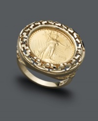 Looking for a change? This unique design highlights an antique-inspired coin center edged by a Greek key pattern. Crafted in 14k gold. Looking for a change? This unique design highlights an antique-inspired coin center edged by a Greek key pattern. Crafted in 14k gold.