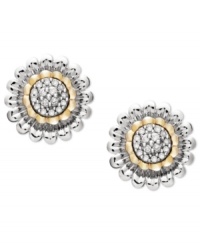 Subtle stunners. These flower-shaped stud earrings add the perfect touch with sparkling round-cut diamonds (1/5 ct. t.w.) and a chic sterling silver and 14k gold setting. Approximate diameter: 7/8 inch. Subtle stunners. These flower-shaped stud earrings add the perfect touch with sparkling round-cut diamonds (1/5 ct. t.w.) and a chic sterling silver and 14k gold setting. Approximate diameter: 7/8 inch.