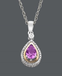 Subtly stylish. This sweet teardrop pendant combines a pear-cut amethyst (5/8 ct. t.w.) and a sparkling diamond accent. Crafted in sterling silver with 14k gold edges. Approximate length: 18 inches. Approximate drop: 9/10 inch. Subtly stylish. This sweet teardrop pendant combines a pear-cut amethyst (5/8 ct. t.w.) and a sparkling diamond accent. Crafted in sterling silver with 14k gold edges. Approximate length: 18 inches. Approximate drop: 9/10 inch.