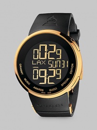 Breaking new ground in design, the GRAMMY® special edition watch collection uniquely fuses fashion and music. A bold timepiece of yellow goldtone PVD, with graphic digital numbers, on a thick rubber strap featuring GRAMMY® and Gucci logos.Swiss digital Water resistant to 3 ATM Round PVD case, 44mm, (1.73) Black dial Digital date display Anti-reflective coating Black rubber strap Three blades deployment buckle Made in Switzerland Breaking new ground in design, the GRAMMY® special edition watch collection uniquely fuses fashion and music. A bold timepiece of yellow goldtone PVD, with graphic digital numbers, on a thick rubber strap featuring GRAMMY® and Gucci logos.Swiss digital Water resistant to 3 ATM Round PVD case, 44mm, (1.73) Black dial Digital date display Anti-reflective coating Black rubber strap Three blades deployment buckle Made in Switzerland