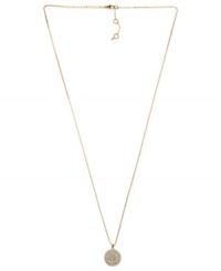 Understated appeal. Michael Kors' necklace, crafted from gold ion-plated steel, features a concave glass pave pendant for a subtle, yet stylish, statement. Approximate length: 30 inches + 2-inch extender. Approximate drop: 3/4 inch. Understated appeal. Michael Kors' necklace, crafted from gold ion-plated steel, features a concave glass pave pendant for a subtle, yet stylish, statement. Approximate length: 30 inches + 2-inch extender. Approximate drop: 3/4 inch.