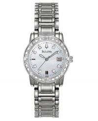 Sparkling diamond accents make this beautiful Bulova watch a perfect choice. Stainless steel bracelet and case. Bezel features 24 diamond accents. White mother-of-pearl dial with logo, date window at 3 o'clock and sparkling diamond accent indexes. Quartz movement. Water resistant to 30 meters. Three-year limited warranty. Sparkling diamond accents make this beautiful Bulova watch a perfect choice. Stainless steel bracelet and case. Bezel features 24 diamond accents. White mother-of-pearl dial with logo, date window at 3 o'clock and sparkling diamond accent indexes. Quartz movement. Water resistant to 30 meters. Three-year limited warranty.