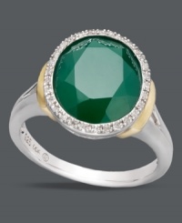 Make an enviable style statement. This head-turning ring highlights a round-cut green agate (3-5/8 ct. t.w.) surrounded by round-cut diamonds (1/10 ct. t.w.). Crafted in sterling silver with 14k gold accents at the sides. Size 7. Make an enviable style statement. This head-turning ring highlights a round-cut green agate (3-5/8 ct. t.w.) surrounded by round-cut diamonds (1/10 ct. t.w.). Crafted in sterling silver with 14k gold accents at the sides. Size 7.