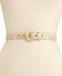 With metallic grommet detail, this MICHAEL Michael Kors belt showcases golden shimmer and logo love. With metallic grommet detail, this MICHAEL Michael Kors belt showcases golden shimmer and logo love.
